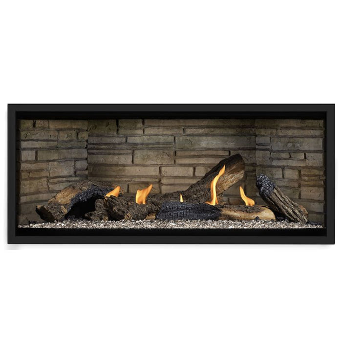 Napoleon Ascent Premium 46 Linear Direct Vent Gas Fireplace in Ledgestone Brick Panel with Clear Glass Embers and Split Oak Logs