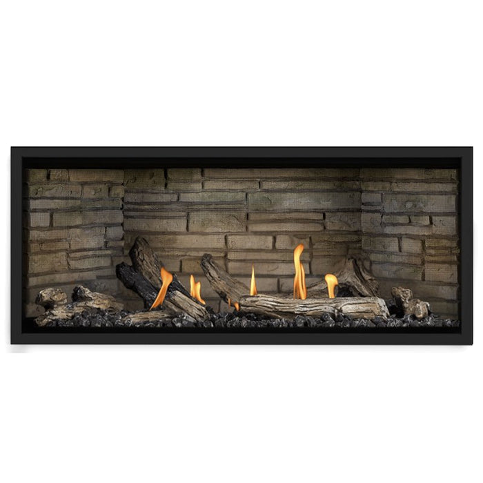 Napoleon Ascent Premium 46 Linear Direct Vent Gas Fireplace in Ledgestone Brick Panel with Driftwood Logs