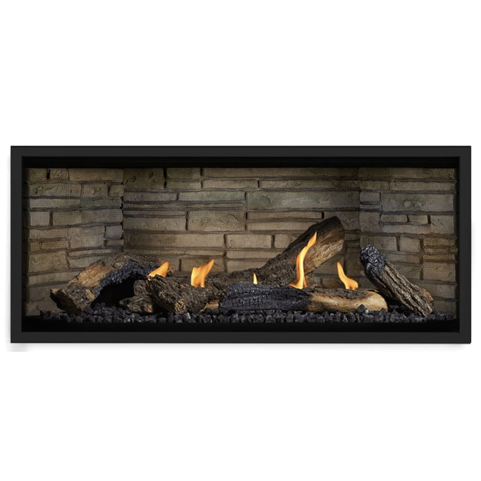 Napoleon Ascent Premium 46 Linear Direct Vent Gas Fireplace in Ledgestone Brick Panel with Split Oak Logs
