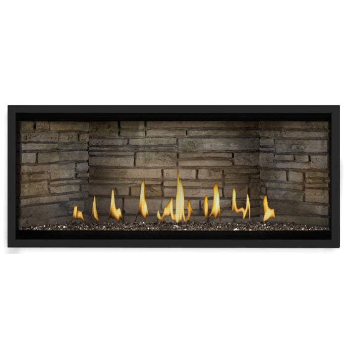 Napoleon Ascent Premium 46 Linear Direct Vent Gas Fireplace in Ledgestone Brick Panel with Topaz Glass Embers
