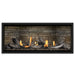 Napoleon Ascent Premium 46 Linear Direct Vent Gas Fireplace in Ledgestone Brick Panel with Topaz Glass Embers and Beach Fire Logs