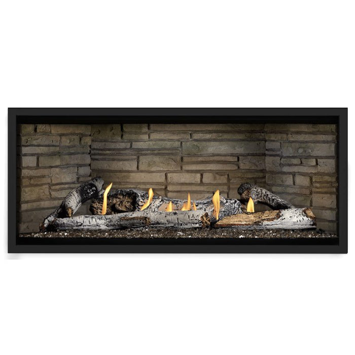 Napoleon Ascent Premium 46 Linear Direct Vent Gas Fireplace in Ledgestone Brick Panel with Topaz Glass Embers and Birch Logs