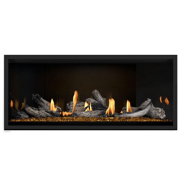 Napoleon Ascent Premium 46 Linear Direct Vent Gas Fireplace in MIRRO-FLAME Porcelain Reflective Panel with Amber Glass Embers and Beach Fire Logs