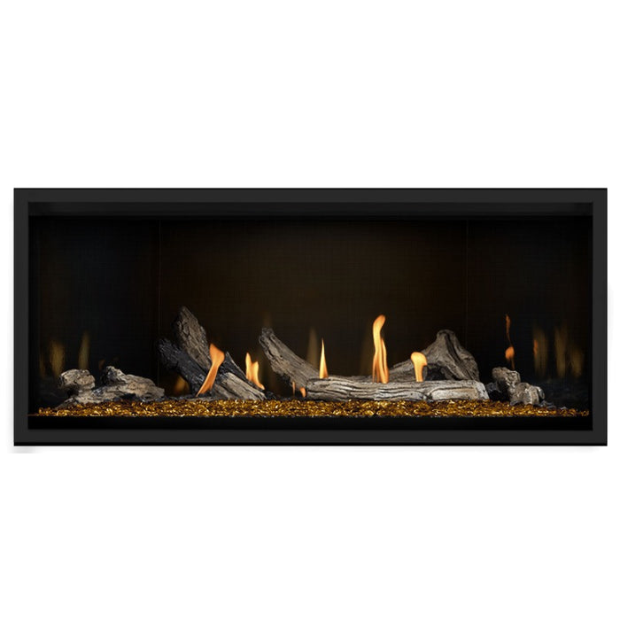 Napoleon Ascent Premium 46 Linear Direct Vent Gas Fireplace in MIRRO-FLAME Porcelain Reflective Panel with Amber Glass Embers and Driftwood Logs
