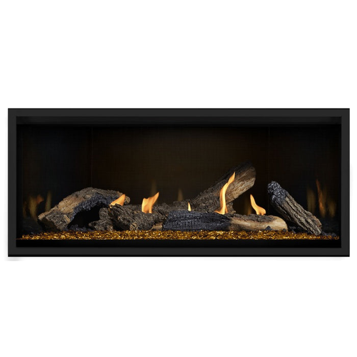 Napoleon Ascent Premium 46 Linear Direct Vent Gas Fireplace in MIRRO-FLAME Porcelain Reflective Panel with Amber Glass Embers and Split Oak Logs