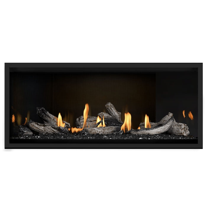 Napoleon Ascent Premium 46 Linear Direct Vent Gas Fireplace in MIRRO-FLAME Porcelain Reflective Panel with Black Glass Embers and Beach Fire Logs