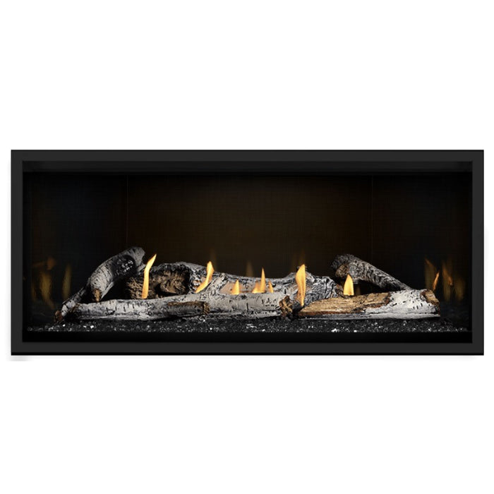Napoleon Ascent Premium 46 Linear Direct Vent Gas Fireplace in  MIRRO-FLAME Porcelain Reflective Panel with Black Glass Embers and Birch Logs