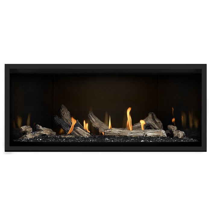 Napoleon Ascent Premium 46 Linear Direct Vent Gas Fireplace in MIRRO-FLAME Porcelain Reflective Panel with Black Glass Embers and Driftwood Logs