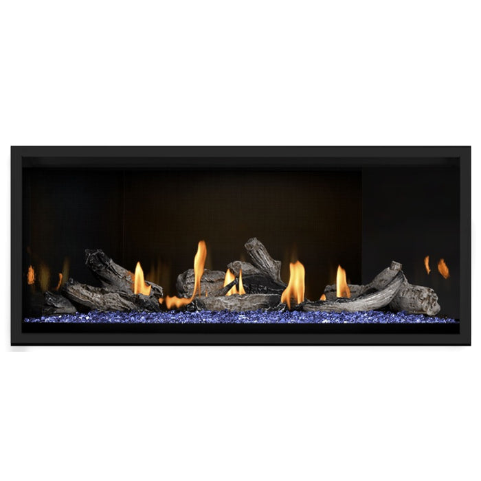 Napoleon Ascent Premium 46 Linear Direct Vent Gas Fireplace in MIRRO-FLAME Porcelain Reflective Panel with Blue Glass Embers and Beach Fire Logs