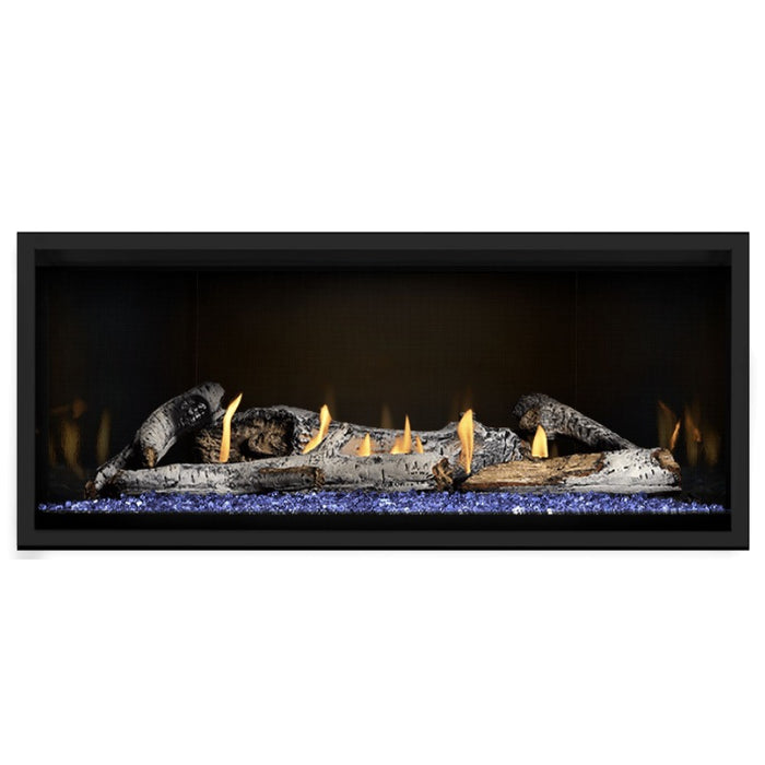 Napoleon Ascent Premium 46 Linear Direct Vent Gas Fireplace in  MIRRO-FLAME Porcelain Reflective Panel with Blue Glass Embers and Birch Logs