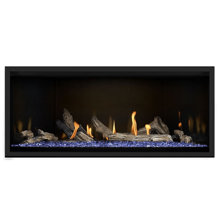 Napoleon Ascent Premium 46 Linear Direct Vent Gas Fireplace in MIRRO-FLAME Porcelain Reflective Panel with Blue Glass Embers and Driftwood Logs