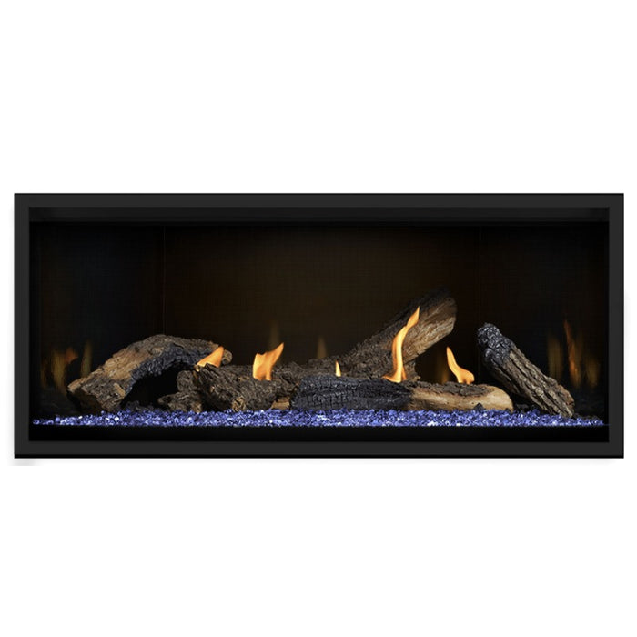 Napoleon Ascent Premium 46 Linear Direct Vent Gas Fireplace in MIRRO-FLAME Porcelain Reflective Panel with Blue Glass Embers and Split Oak Logs