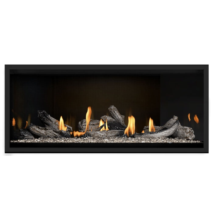 Napoleon Ascent Premium 46 Linear Direct Vent Gas Fireplace in MIRRO-FLAME Porcelain Reflective Panel with Clear Glass Embers and Beach Fire Logs