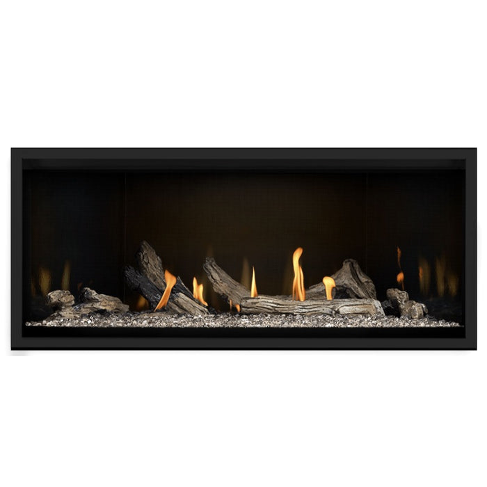 Napoleon Ascent Premium 46 Linear Direct Vent Gas Fireplace in MIRRO-FLAME Porcelain Reflective Panel with Clear Glass Embers and Driftwood Logs