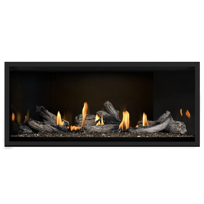 Napoleon Ascent Premium 46 Linear Direct Vent Gas Fireplace in MIRRO-FLAME Porcelain Reflective Panel with Topaz Glass Embers and Beach Fire Logs