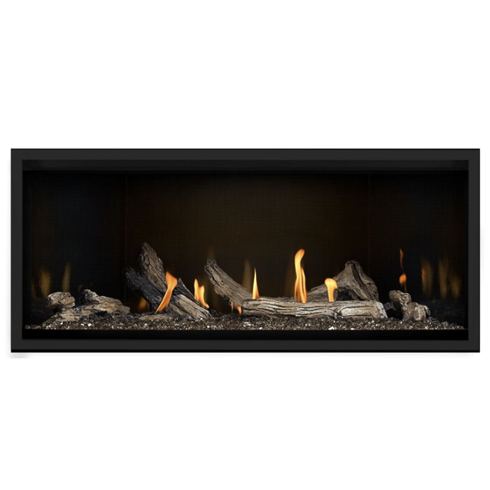 Napoleon Ascent Premium 46 Linear Direct Vent Gas Fireplace in MIRRO-FLAME Porcelain Reflective Panel with Topaz Glass Embers and Driftwood Logs