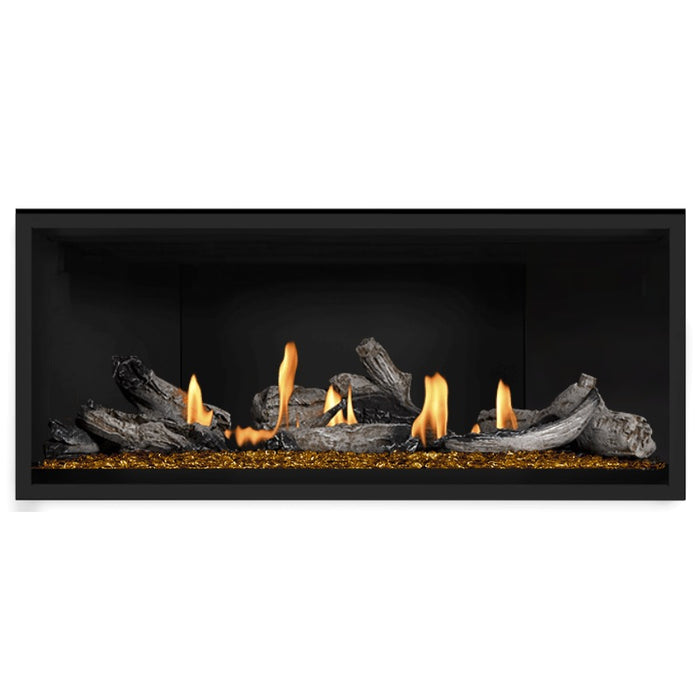 Napoleon Ascent Premium 46 Linear Direct Vent Gas Fireplace in Matte Black Panel with Amber Glass Embers and Beach Fire Logs