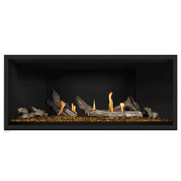 Napoleon Ascent Premium 46 Linear Direct Vent Gas Fireplace in Matte Black Panel with Amber Glass Embers and Driftwood Logs