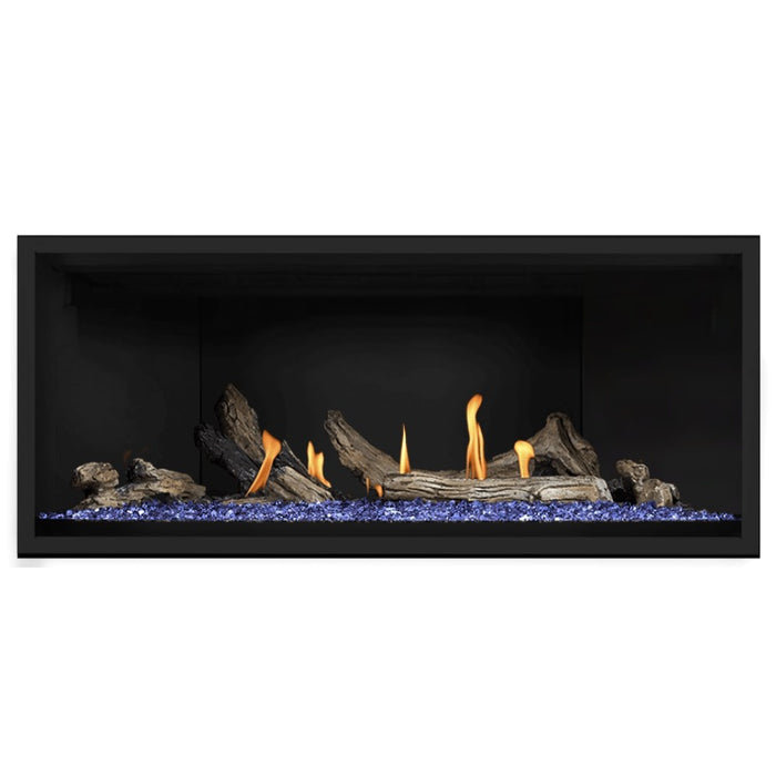 Napoleon Ascent Premium 46 Linear Direct Vent Gas Fireplace in Matte Black Panel with Blue Glass Embers and Driftwood Logs