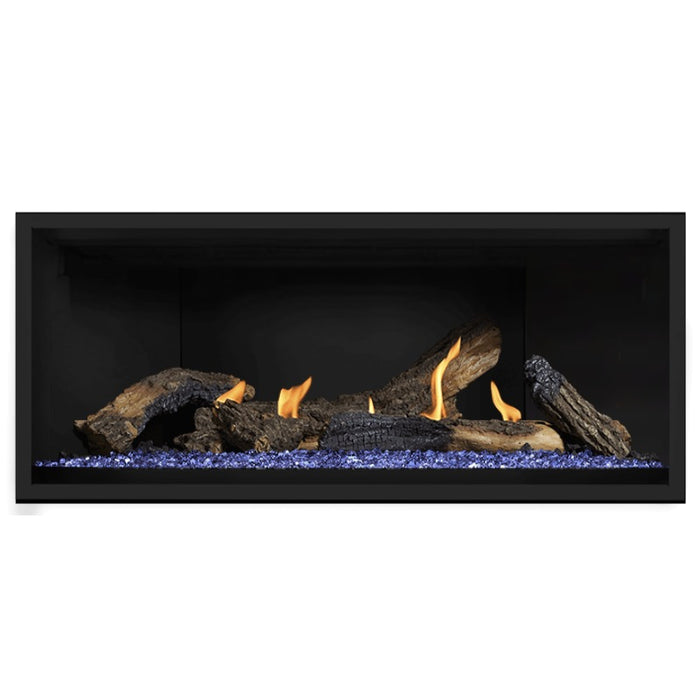 Napoleon Ascent Premium 46 Linear Direct Vent Gas Fireplace in Matte Black Panel with Blue Glass Embers and Split Oak Logs
