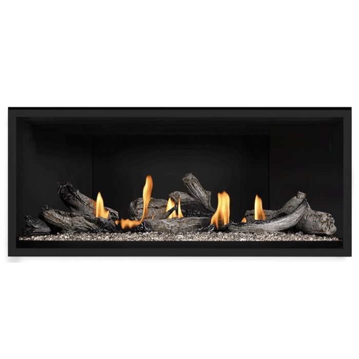Napoleon Ascent Premium 46 Linear Direct Vent Gas Fireplace in Matte Black Panel with Clear Glass Embers and Beach Fire Logs