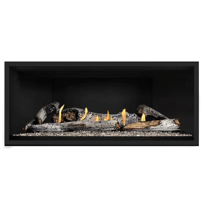 Napoleon Ascent Premium 46 Linear Direct Vent Gas Fireplace in Matte Black Panel with Clear Glass Embers and Birch Logs