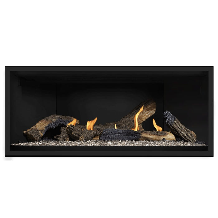 Napoleon Ascent Premium 46 Linear Direct Vent Gas Fireplace in Matte Black Panel with Clear Glass Embers and Split Oak Logs
