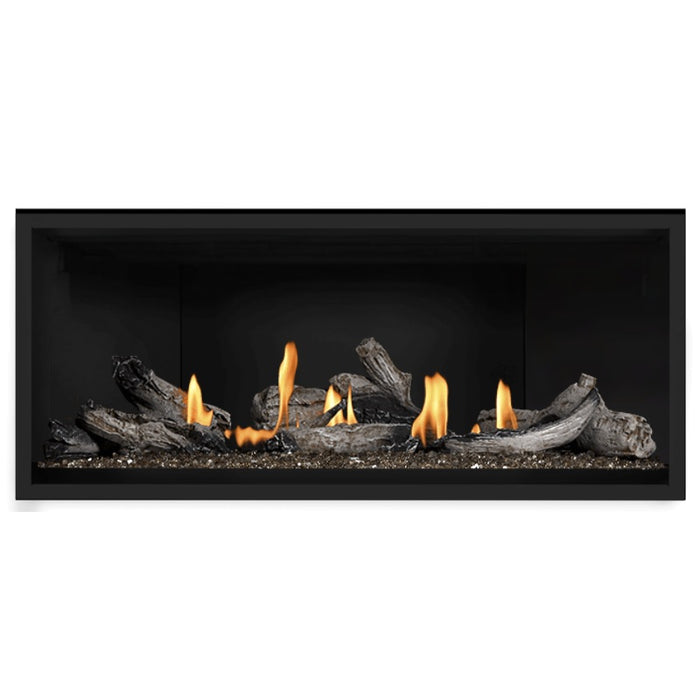 Napoleon Ascent Premium 46 Linear Direct Vent Gas Fireplace in Matte Black Panel with Topaz Glass Embers and Beach Fire Logs