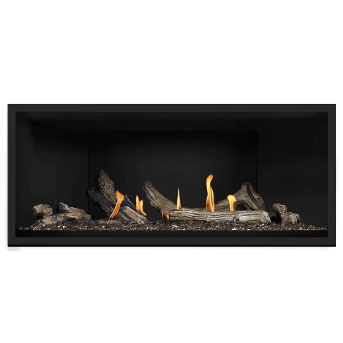 Napoleon Ascent Premium 46 Linear Direct Vent Gas Fireplace in Matte Black Panel with Topaz Glass Embers and Driftwood Logs