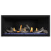 Napoleon Ascent Premium 46 Linear Direct Vent Gas Fireplace in Matte Blue Panel with Black Glass Embers and Beach Fire Logs