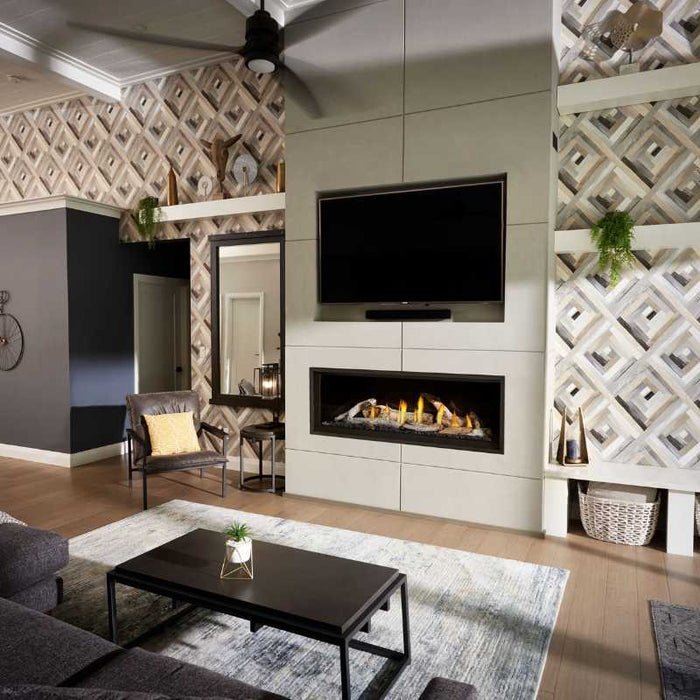 Napoleon Ascent Premium 56-Inch Linear Direct Vent Gas Fireplace with Black Reflective Panel and  Birch Logs Installed in Livingroom