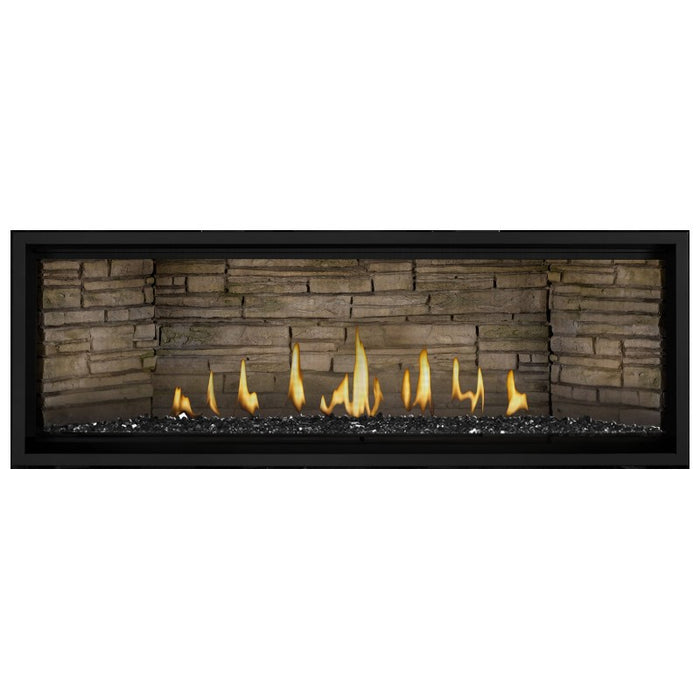 Napoleon Ascent Premium 56 Linear Direct Vent Gas Fireplace in Ledgestone Brick Panel and Black Glass Embers