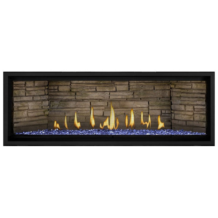 Napoleon Ascent Premium 56 Linear Direct Vent Gas Fireplace in Ledgestone Brick Panel and Blue Glass Embers
