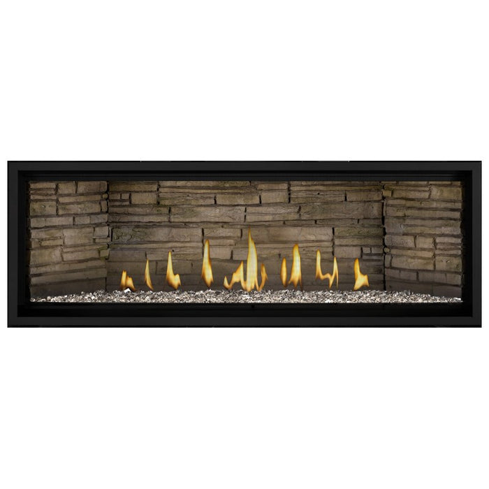 Napoleon Ascent Premium 56 Linear Direct Vent Gas Fireplace in Ledgestone Brick Panel and Clear Glass Embers
