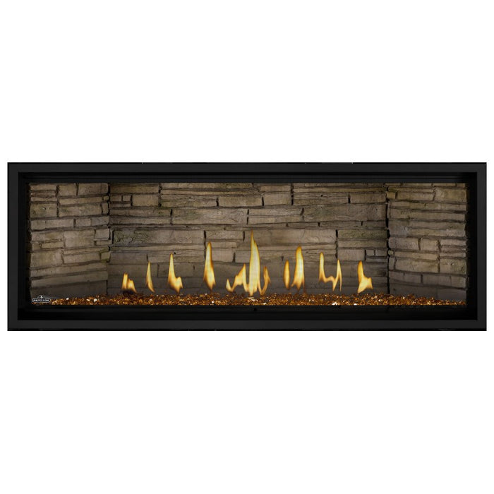 Napoleon Ascent Premium 56 Linear Direct Vent Gas Fireplace in Ledgestone Brick Panel with Amber Glass Embers and Amber Glass Embers  