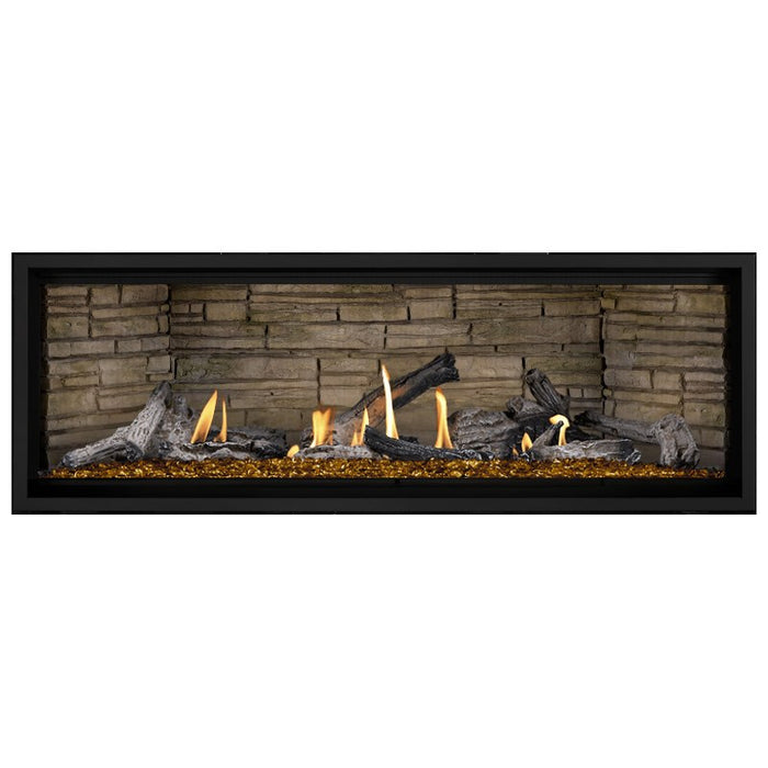 Napoleon Ascent Premium 56 Linear Direct Vent Gas Fireplace in Ledgestone Brick Panel with Amber Glass Embers and Beach Fire Logs 