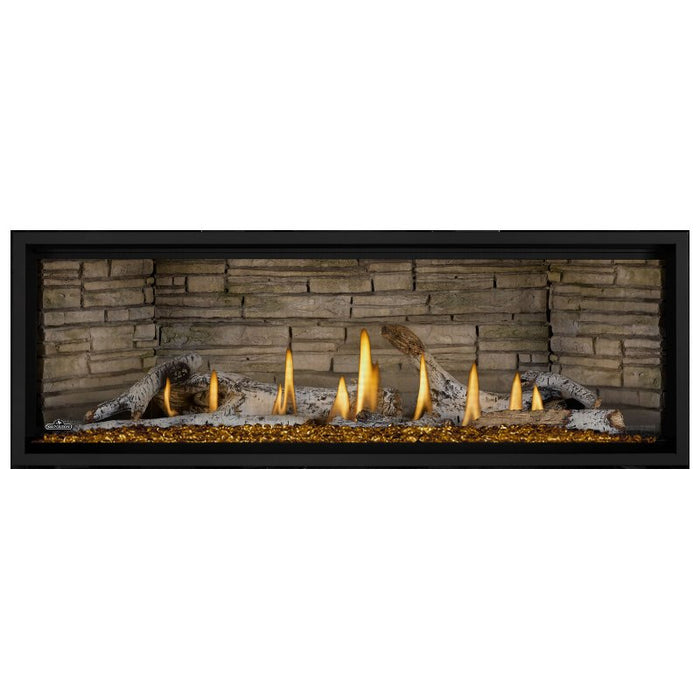 Napoleon Ascent Premium 56 Linear Direct Vent Gas Fireplace in Ledgestone Brick Panel with Amber Glass Embers and Birch Logs