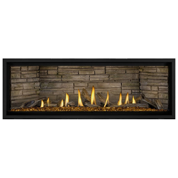 Napoleon Ascent Premium 56 Linear Direct Vent Gas Fireplace in Ledgestone Brick Panel with Amber Glass Embers and Driftwood Logs