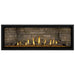 Napoleon Ascent Premium 56 Linear Direct Vent Gas Fireplace in Ledgestone Brick Panel with Amber Glass Embers and Driftwood Logs