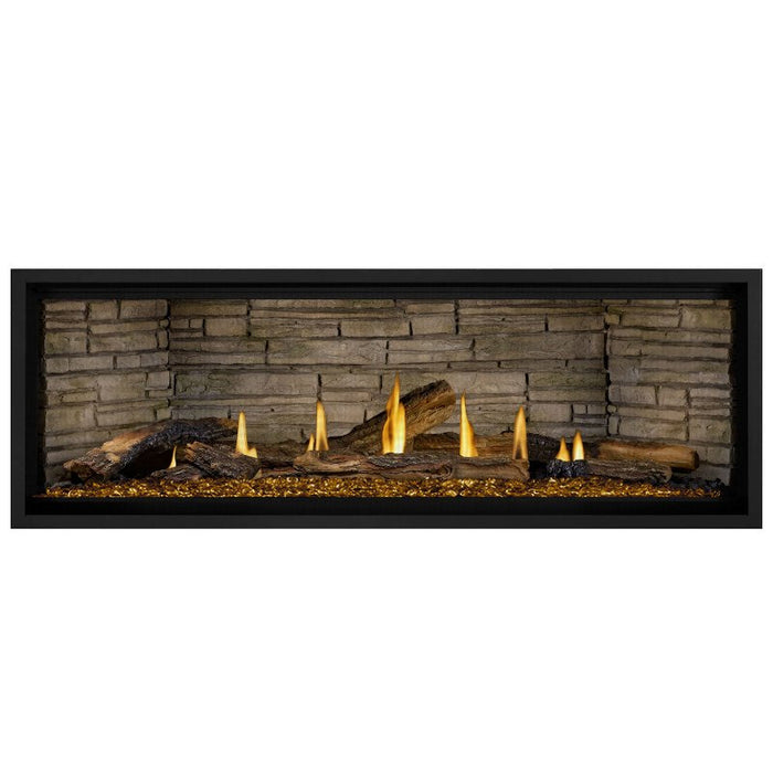 Napoleon Ascent Premium 56 Linear Direct Vent Gas Fireplace in Ledgestone Brick Panel with Amber Glass Embers and Split Oak Logs