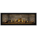 Napoleon Ascent Premium 56 Linear Direct Vent Gas Fireplace in Ledgestone Brick Panel with Amber Glass Embers and Split Oak Logs