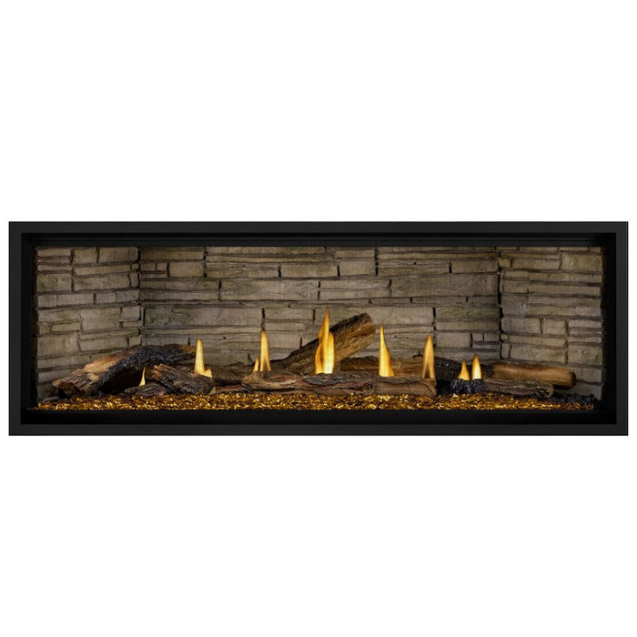 Napoleon Ascent Premium 56 Linear Direct Vent Gas Fireplace in Ledgestone Brick Panel with Amber Glass Embers and Split Oak Logs