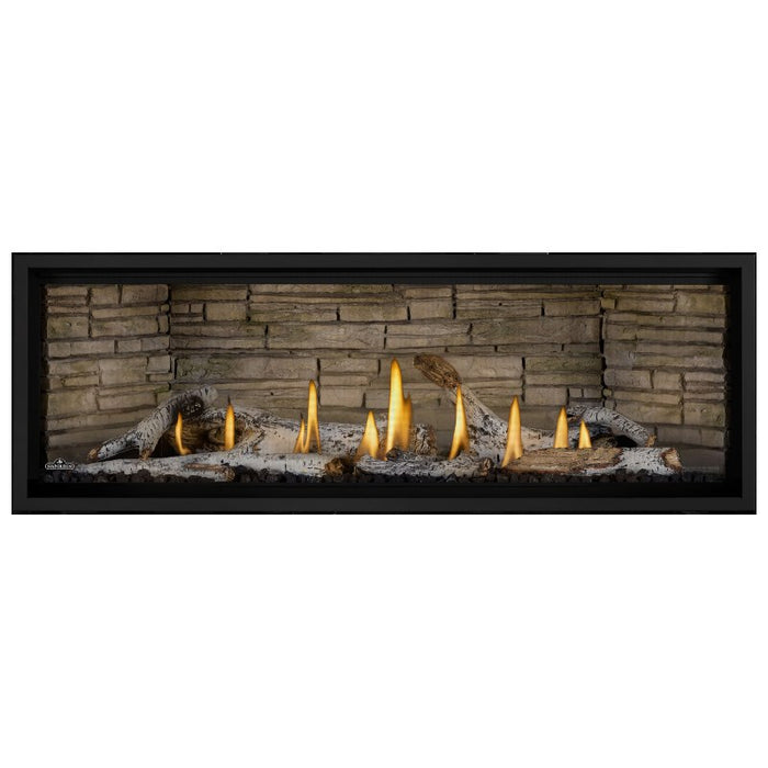 Napoleon Ascent Premium 56 Linear Direct Vent Gas Fireplace in Ledgestone Brick Panel with Birch Logs
