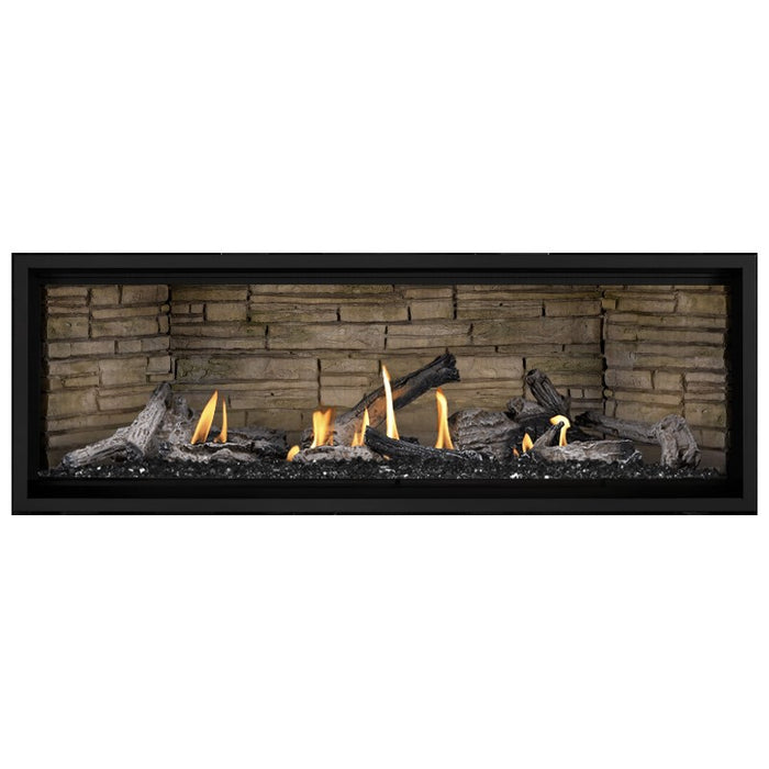 Napoleon Ascent Premium 56 Linear Direct Vent Gas Fireplace in Ledgestone Brick Panel with Black Glass Embers and Beach Fire Logs