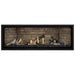 Napoleon Ascent Premium 56 Linear Direct Vent Gas Fireplace in Ledgestone Brick Panel with Black Glass Embers and Beach Fire Logs