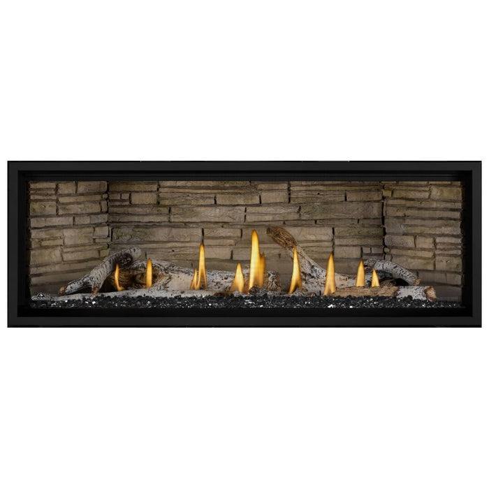 Napoleon Ascent Premium 56 Linear Direct Vent Gas Fireplace in Ledgestone Brick Panel with Black Glass Embers and Birch Logs