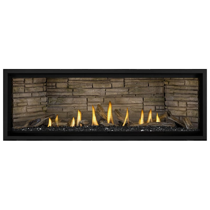 Napoleon Ascent Premium 56 Linear Direct Vent Gas Fireplace in Ledgestone Brick Panel with Black Glass Embers and Driftwood Logs