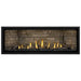 Napoleon Ascent Premium 56 Linear Direct Vent Gas Fireplace in Ledgestone Brick Panel with Black Glass Embers and Driftwood Logs