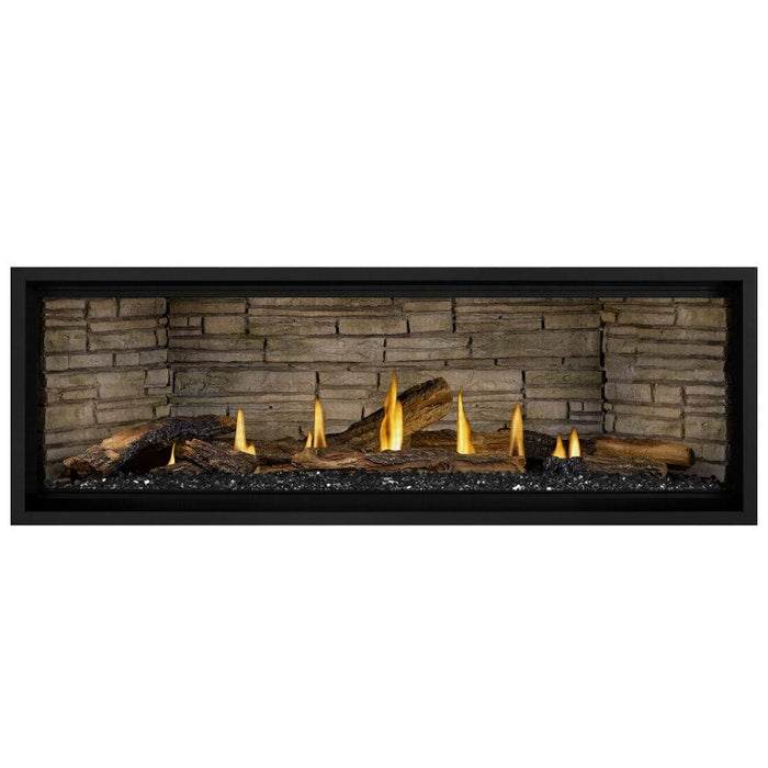 Napoleon Ascent Premium 56 Linear Direct Vent Gas Fireplace in Ledgestone Brick Panel with Black Glass Embers and Split Oak Logs