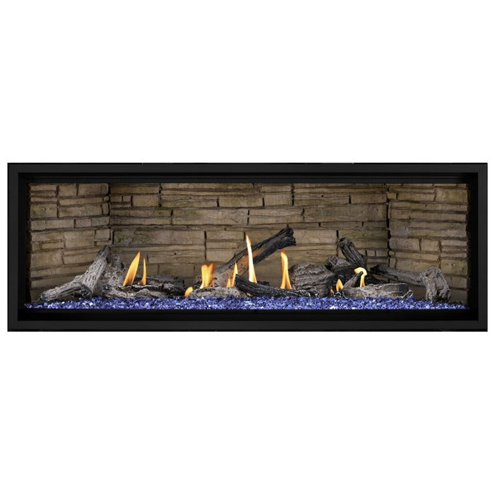 Napoleon Ascent Premium 56 Linear Direct Vent Gas Fireplace in Ledgestone Brick Panel with Blue Glass Embers and Beach Fire Logs